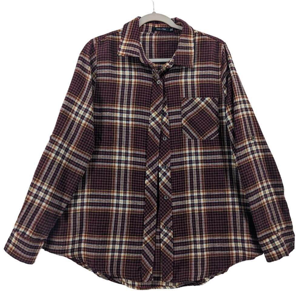 Doe & Rae Button Up Shirt L Red Yellow Plaid Flannel Long Sleeve Collared 12340T